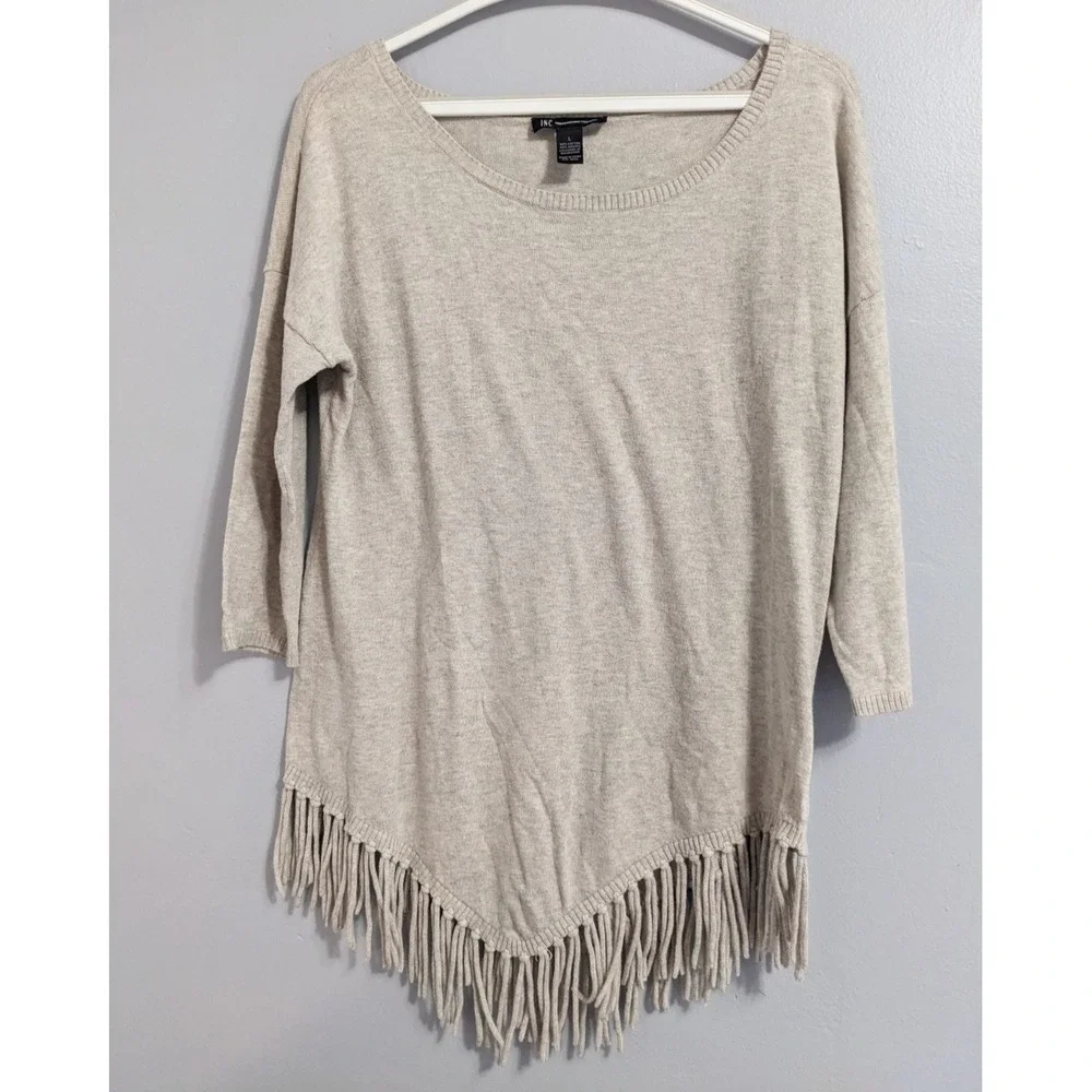 INC International Concepts Fringe Thin Knit Sweater Boho Western Heathered Tan L